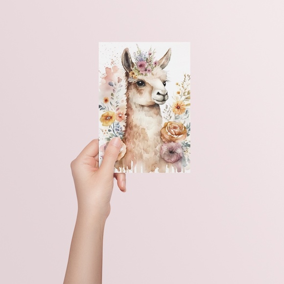 Watercolor Cute Floral Llama Wall Art Illustration Print Poster Card Unframed - Picture 5 of 6